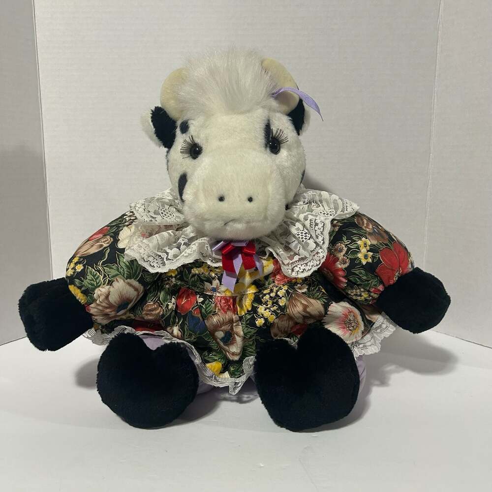 Vintage 1991 Plush Creations Henrietta Holstein Cow Doll in Floral Dress